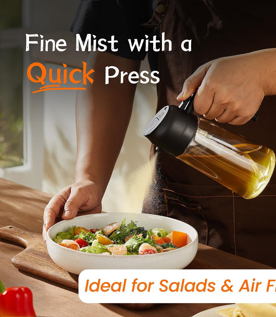 16Oz/470Ml Glass Olive Oil Sprayer for Cooking - 2 in 1 Olive Oil Dispenser for Kitchen Gadgets, Air Fryer, Salad, and BBQ - Black