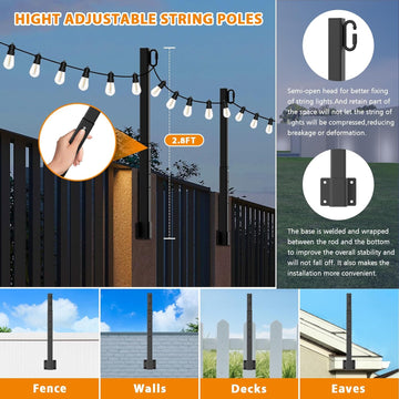 10Ft String Light Poles 4 Pack,Light Poles for Outside Lights,Outdoor with Fence Brackets Hanging Lights,Metal Stand Deck Patio Backyard